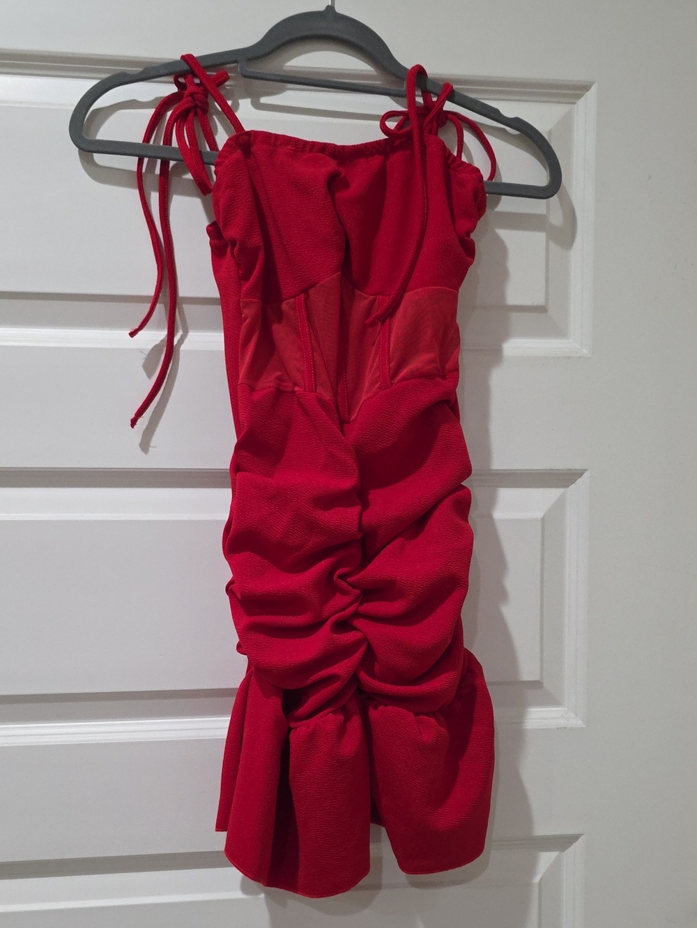 SHEIN Red Ruched Tie-Shoulder Midi Dress